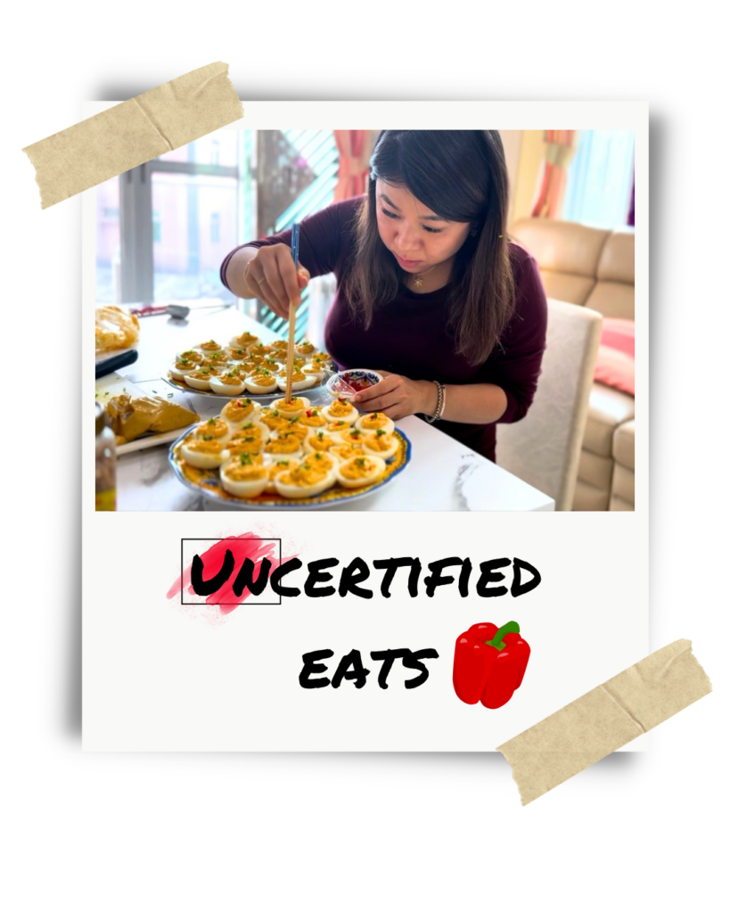 Vicky Ng plating deviled eggs for Uncertified Eats, a food blog featuring restaurant reviews and home cooking.